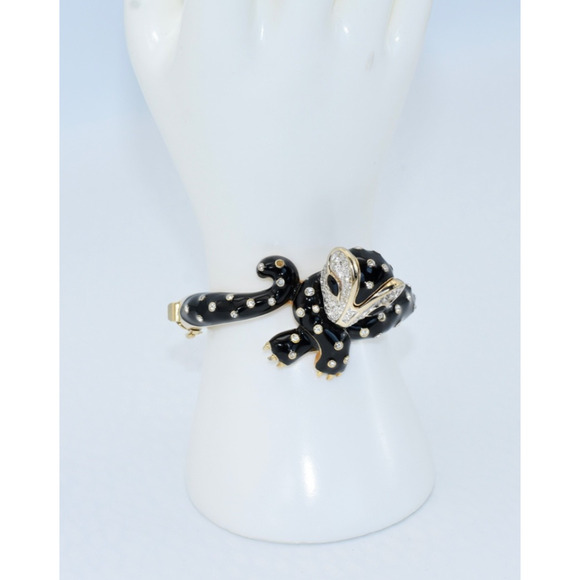 Panetta Vintage 1980's Black Enamel and Gold Tone PANTHER Bangle Bracelet - Picture 3 of 12